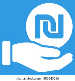 Shekel Coin Payment Hand vector pictogram. Illustration style is a flat iconic white symbol on blue background.