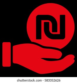 Shekel Coin Payment Hand vector pictograph. Illustration style is a flat iconic red symbol on black background.