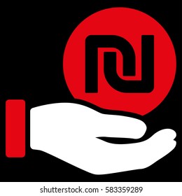 Shekel Coin Payment Hand vector icon. Illustration style is a flat iconic bicolor red and white symbol on black background.