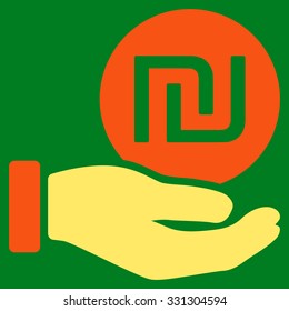 Shekel Coin Payment vector icon. Style is flat bicolor orange and yellow symbol, rounded angles, green background.