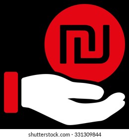 Shekel Coin Payment vector icon. Style is flat bicolor red and white symbol, rounded angles, black background.
