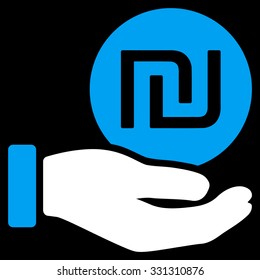 Shekel Coin Payment vector icon. Style is flat bicolor blue and white symbol, rounded angles, black background.