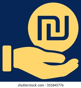 Shekel Coin Payment vector icon. Style is flat yellow symbol, rounded angles, blue background.