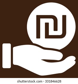 Shekel Coin Payment vector icon. Style is flat white symbol, rounded angles, brown background.