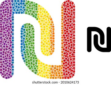 Shekel currency composition icon of round dots in various sizes and rainbow color hues. A dotted LGBT-colored shekel currency for lesbians, gays, bisexuals, and transgenders.