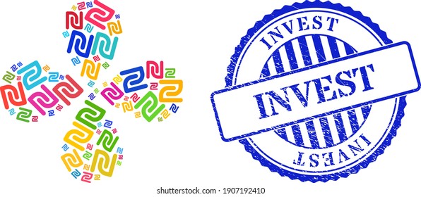 Shekel currency multicolored centrifugal flower cluster, and blue round INVEST unclean watermark. Object cluster composed from random shekel currency items. Vector flower collage in flat style.