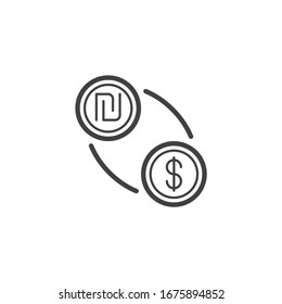 Shekel And Dollar Exchange Line Icon. Linear Style Sign For Mobile Concept And Web Design. US Dollar With ILS Shekel Currency Outline Vector Icon. Symbol, Logo Illustration. Vector Graphics