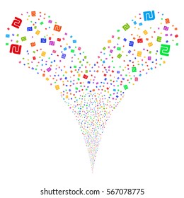 Shekel fireworks stream. Vector illustration style is flat bright multicolored iconic symbols on a white background. Object double fountain created from random pictograms.