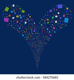 Shekel fireworks stream. Vector illustration style is flat bright multicolored iconic symbols on a blue background. Object double fountain combined from random pictographs.