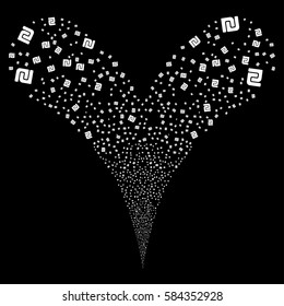 Shekel fireworks stream. Vector illustration style is flat white iconic symbols on a black background. Object double fountain constructed from random pictographs.