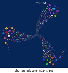 Shekel fireworks swirl rotation. Vector illustration style is flat bright multicolored iconic symbols on a blue background. Object twirl made from random pictographs.