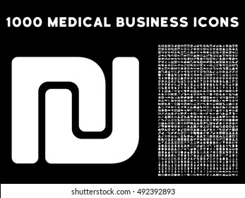 Shekel icon with 1000 medical commerce white vector design elements. Design style is flat symbols, black background.