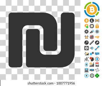 Shekel icon with bonus bitcoin mining and blockchain pictures. Vector illustration style is flat iconic symbols. Designed for blockchain apps.