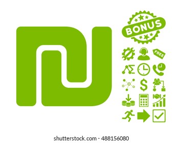 Shekel icon with bonus pictures. Vector illustration style is flat iconic symbols, eco green color, white background.
