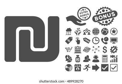 Shekel icon with bonus icon set. Vector illustration style is flat iconic symbols, gray color, white background.