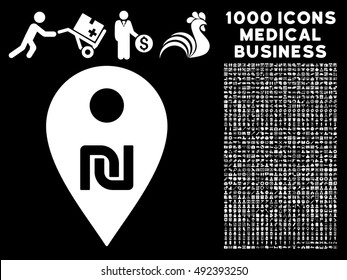 Shekel Map Marker icon with 1000 medical business white vector pictographs. Set style is flat symbols, black background.