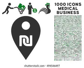 Shekel Map Marker icon with 1000 medical commerce green and gray vector design elements. Clipart style is flat bicolor symbols, white background.