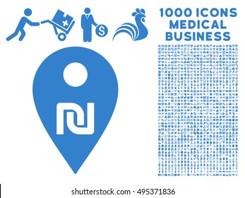 Shekel Map Marker icon with 1000 medical commercial cobalt vector pictograms. Design style is flat symbols, white background.