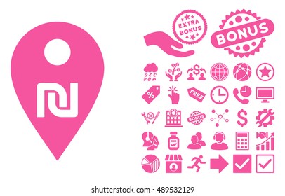 Shekel Map Marker icon with bonus symbols. Vector illustration style is flat iconic symbols, pink color, white background.