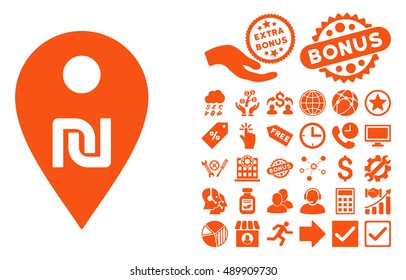 Shekel Map Marker icon with bonus pictures. Vector illustration style is flat iconic symbols, orange color, white background.