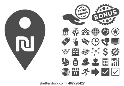 Shekel Map Marker icon with bonus clip art. Vector illustration style is flat iconic symbols, gray color, white background.