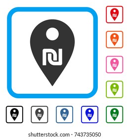 Shekel Map Marker icon. Flat grey iconic symbol inside a blue rounded rectangle. Black, gray, green, blue, red, orange color variants of Shekel Map Marker vector. Designed for web and app interfaces.