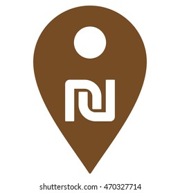 Shekel Map Marker icon. Vector style is flat iconic symbol with rounded angles, brown color, white background.