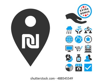 Shekel Map Marker pictograph with bonus elements. Vector illustration style is flat iconic bicolor symbols, blue and gray colors, white background.