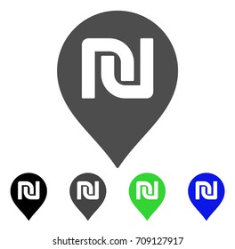Shekel Map Marker vector pictograph. Style is a flat graphic symbol in black, gray, blue, green color variants. Designed for web and mobile apps.