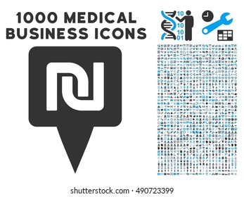 Shekel Map Pointer icon with 1000 medical commerce gray and blue vector design elements. Design style is flat bicolor symbols, white background.
