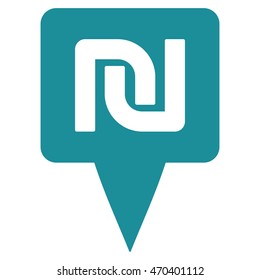 Shekel Map Pointer icon. Vector style is flat iconic symbol with rounded angles, soft blue color, white background.
