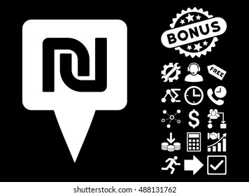 Shekel Map Pointer pictograph with bonus design elements. Vector illustration style is flat iconic symbols, white color, black background.