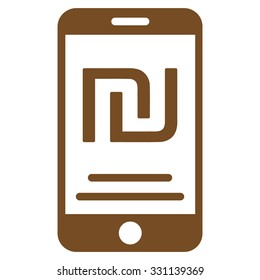 Shekel Mobile Payment vector icon. Style is flat brown symbol, rounded angles, white background.