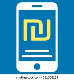 Shekel Mobile Payment vector icon. Style is flat bicolor yellow and white symbol, rounded angles, blue background.