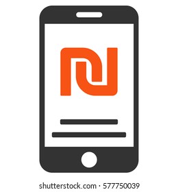 Shekel Mobile Payment vector icon. Illustration style is a flat iconic bicolor orange and gray symbol on white background.