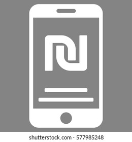 Shekel Mobile Payment vector icon. Illustration style is a flat iconic white symbol on gray background.