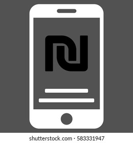 Shekel Mobile Payment vector icon. Illustration style is a flat iconic bicolor black and white symbol on gray background.