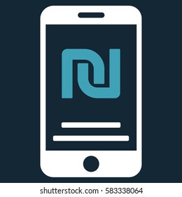 Shekel Mobile Payment vector pictogram. Illustration style is a flat iconic bicolor blue and white symbol on dark blue background.