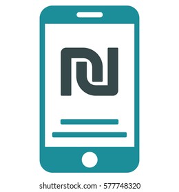 Shekel Mobile Payment vector pictograph. Illustration style is a flat iconic bicolor soft blue symbol on white background.