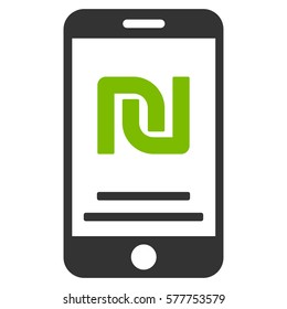 Shekel Mobile Payment vector pictograph. Illustration style is a flat iconic bicolor eco green and gray symbol on white background.
