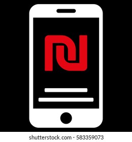 Shekel Mobile Payment vector pictograph. Illustration style is a flat iconic bicolor red and white symbol on black background.