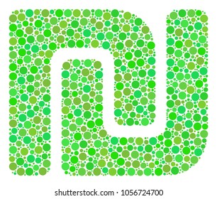 Shekel mosaic of circle elements in variable sizes and fresh green color tinges. Vector round elements are combined into shekel illustration. Ecological vector illustration.