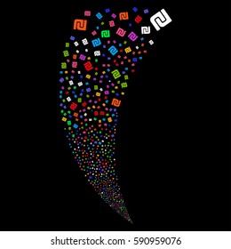 Shekel random fireworks stream. Vector illustration style is flat bright multicolored iconic symbols on a black background. Object fountain constructed from scattered icons.