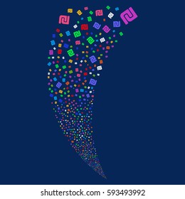 Shekel random fireworks stream. Vector illustration style is flat bright multicolored iconic symbols on a blue background. Object fountain organized from scattered symbols.