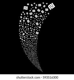 Shekel random fireworks stream. Vector illustration style is flat white iconic symbols on a black background. Object fountain combined from scattered symbols.