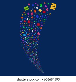 Shekel random fireworks stream. Vector illustration style is flat bright multicolored iconic symbols on a blue background. Object fountain created from scattered pictographs.