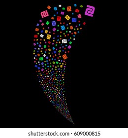 Shekel random fireworks stream. Vector illustration style is flat bright multicolored iconic symbols on a black background. Object fountain constructed from scattered symbols.