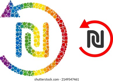 Shekel refund mosaic icon of round items in variable sizes and rainbow color tinges. A dotted LGBT-colored shekel refund for lesbians, gays, bisexuals, and transgenders.