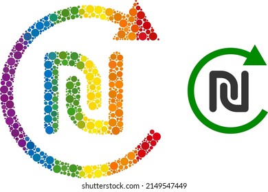 Shekel repay mosaic icon of circle spots in various sizes and spectrum color hues. A dotted LGBT-colored shekel repay for lesbians, gays, bisexuals, and transgenders.