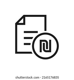 Shekel sign and paper. Financial agreement, tax form, payment receipt icon line style isolated on white background. Vector illustration